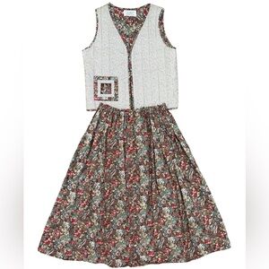 Handmade Vintage Quilted Vest and Floral Skirt Set with Patchwork Detail - Small